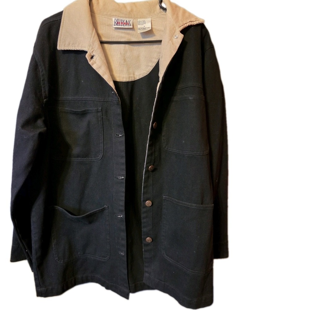 Bill Blass Jeans Womens Black Canvas Chore Coat Corduroy Collar Jacket Medium